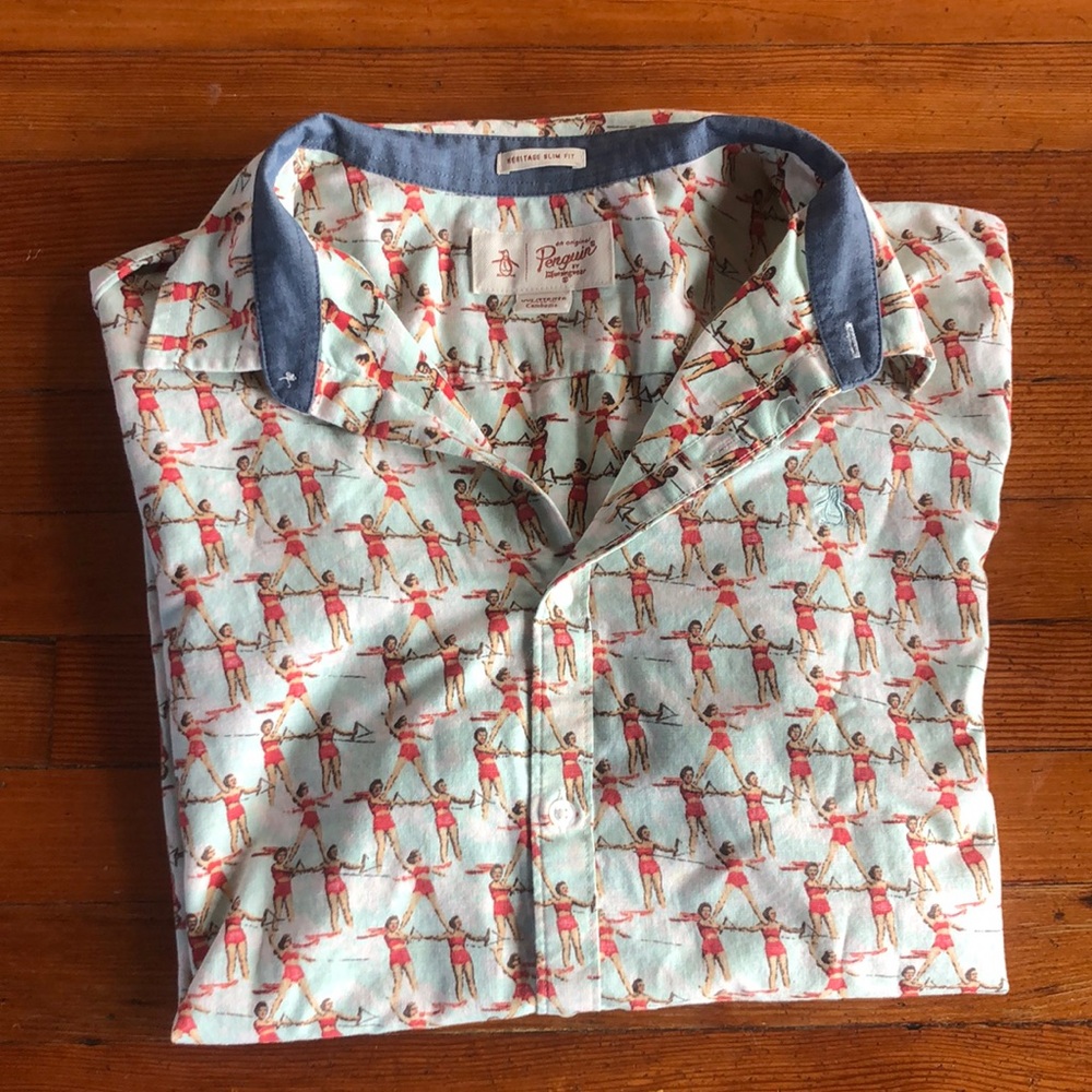 Men’s XXL button down shirt with water skiing ladies print.